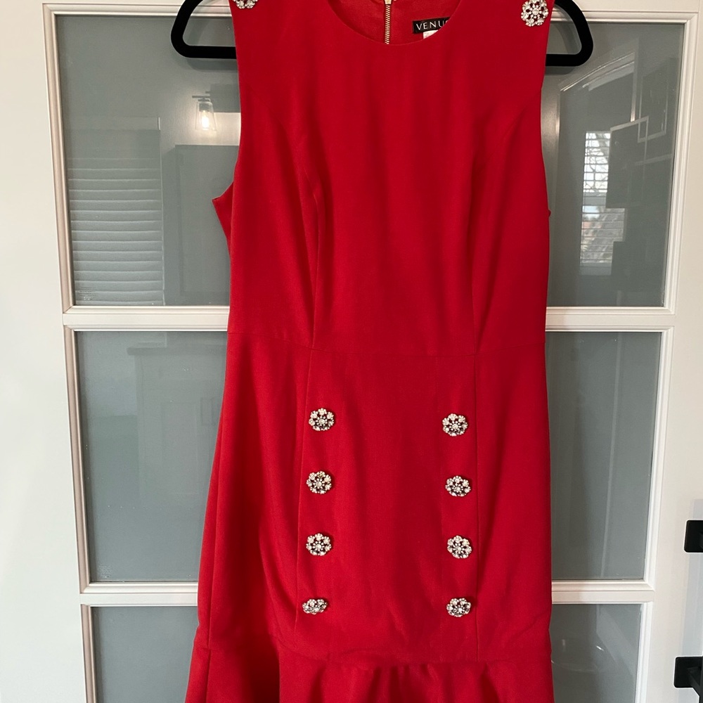 Cap sleeve dress with crystal buttons